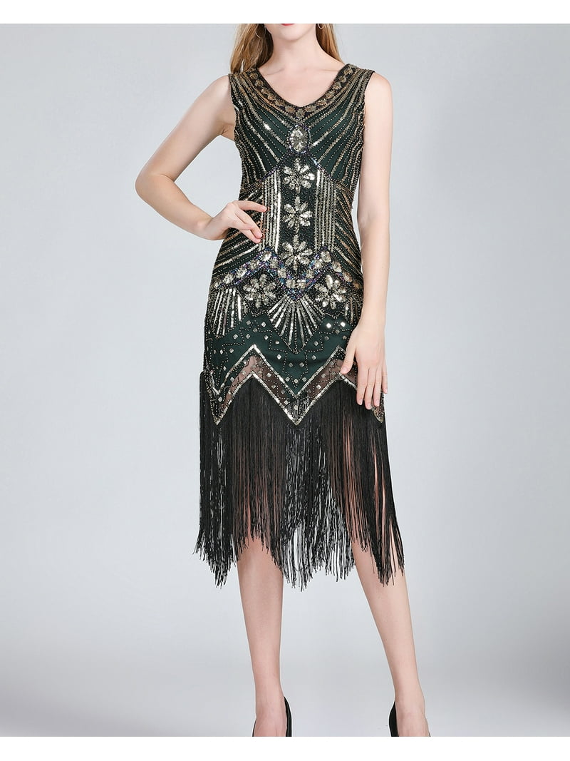 Whitewed Fringe 20's Bachelorette Party Events Cocktail Charleston Apparel  Dress Black/Green - Walmart.com