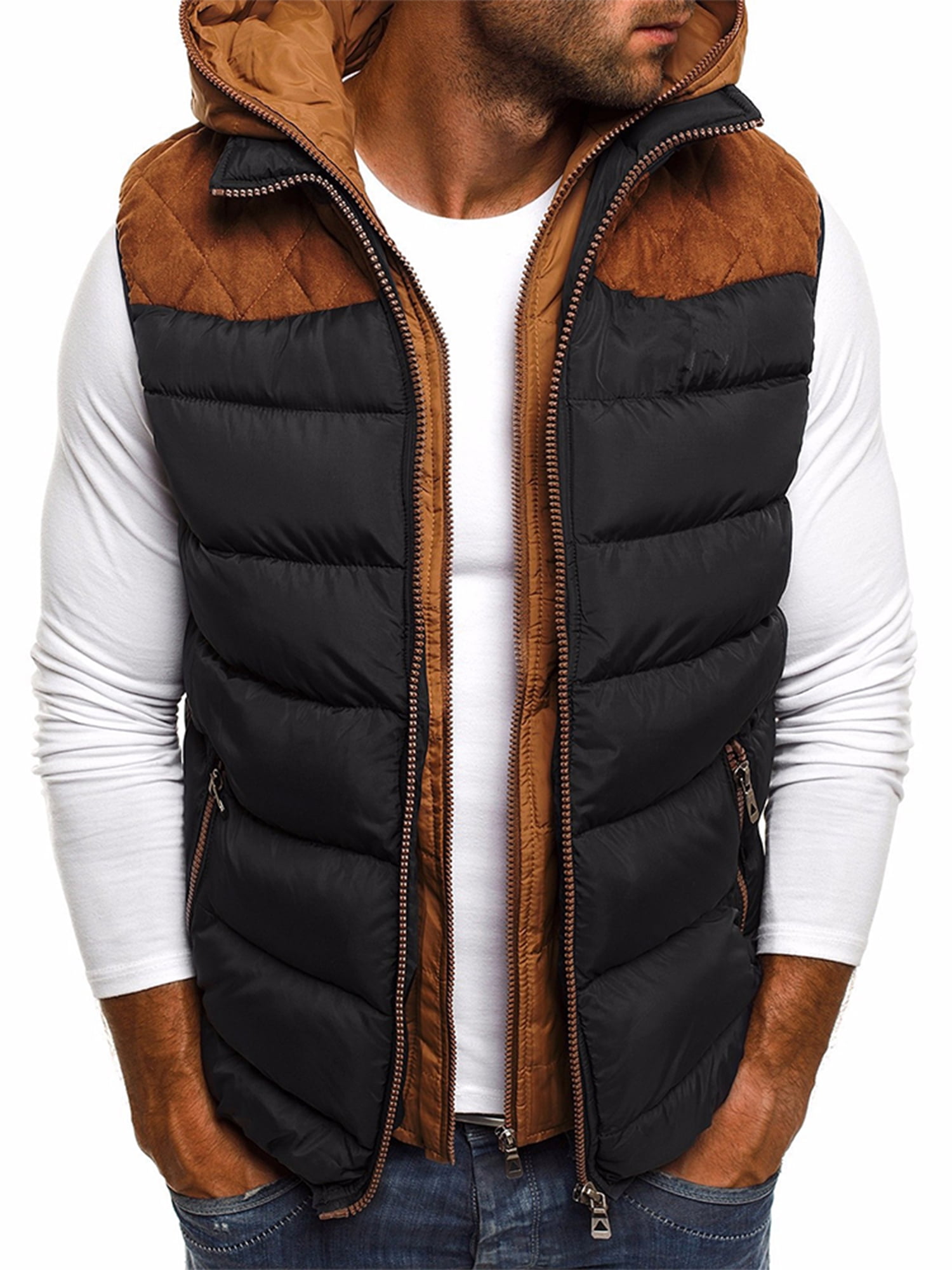 SpringTTC Men Padded Double Full Zip Hooded Side Pockets Sleeveless