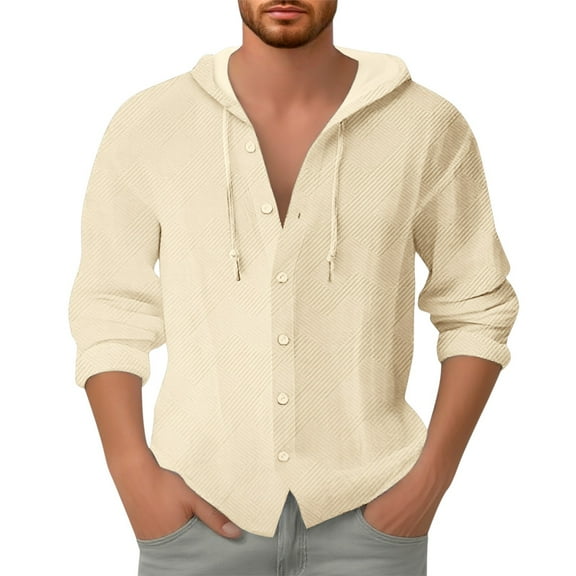 Toimothcn Shirt For Men Spring Button Hooded Long Sleeve Jacket Jacquard Solid Color Shirt Comfortable Loose Tee Shirts Comfy Mens Summer Clothes