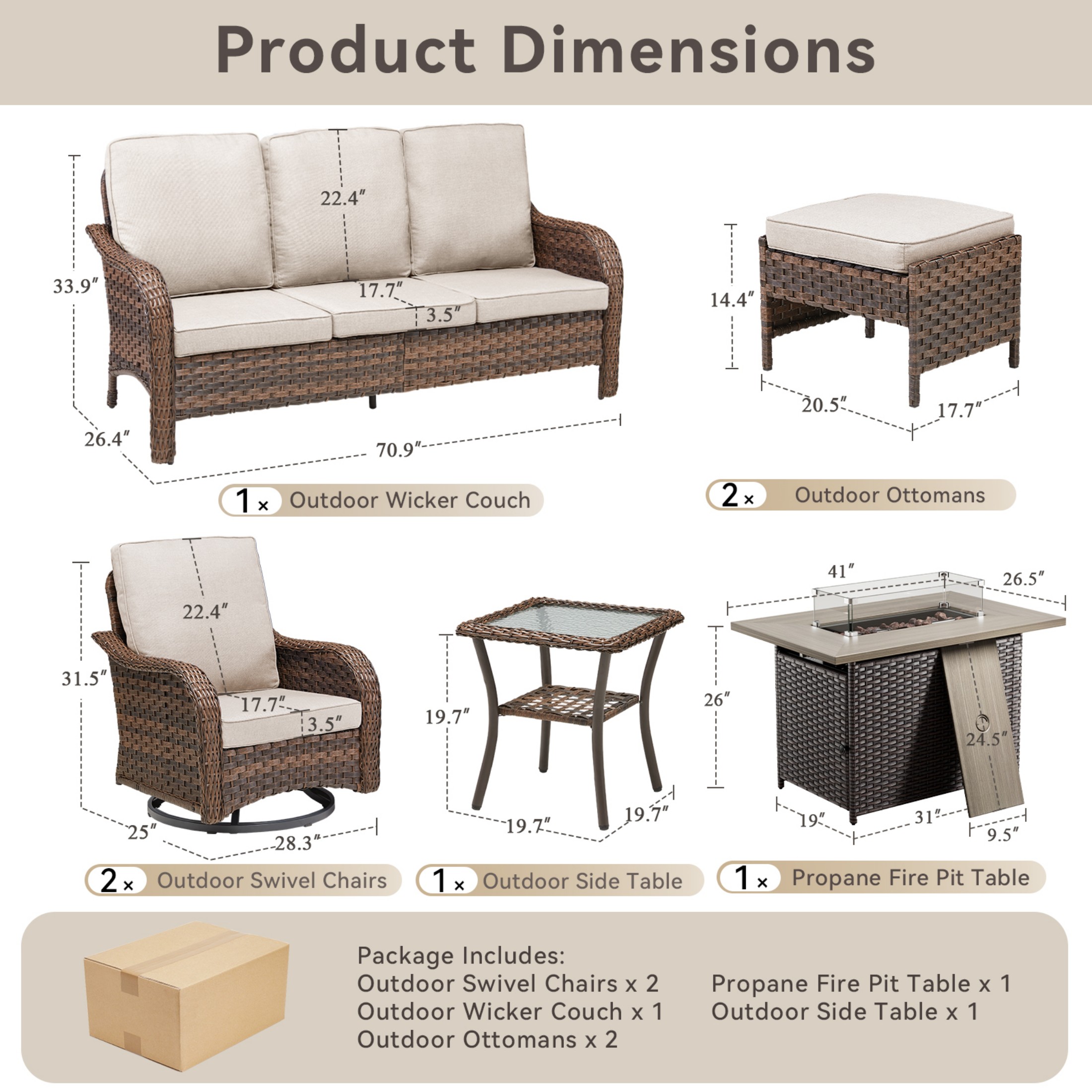 Unnifurnzi Patio Furniture Set with Fire Pit Table-7 Pieces All Weather Wicker Patio Furniture Outdoor Swivel Chairs with Outdoor Couch Outdoor Furniture for Porch Balcony Deck-Brown/Beige