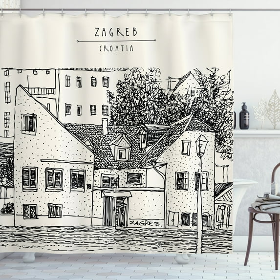 Croatia Shower Curtain, Sketchy Design of European City Zagreb with Nostalgic Houses, Fabric Bathroom Set with Hooks, 69W X 75L Inches Long, Ivory and Charcoal Grey, by Ambesonne