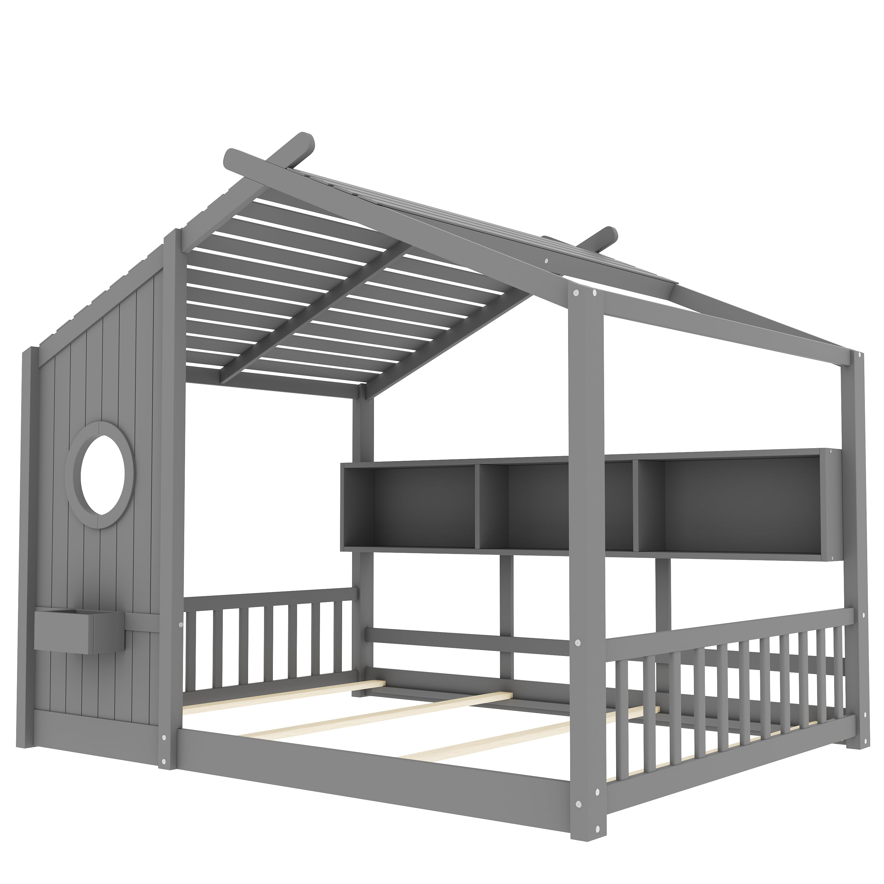 Mintazer Full Size Montessori House Floor Bed with Gable Playhouse Roof & Storage Cubbies, Low Platform Bed Frame with Round Window Side Panel for Toddlers Kids Bedroom, Gray