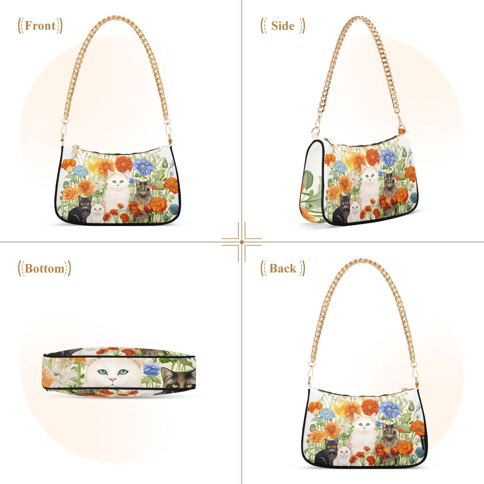 Cats Around Flowers LeavesWomen Small Shoulder Bag Crossbody Tote Hobo Bags Purse Clutch Handbags with Chain Strap for Women