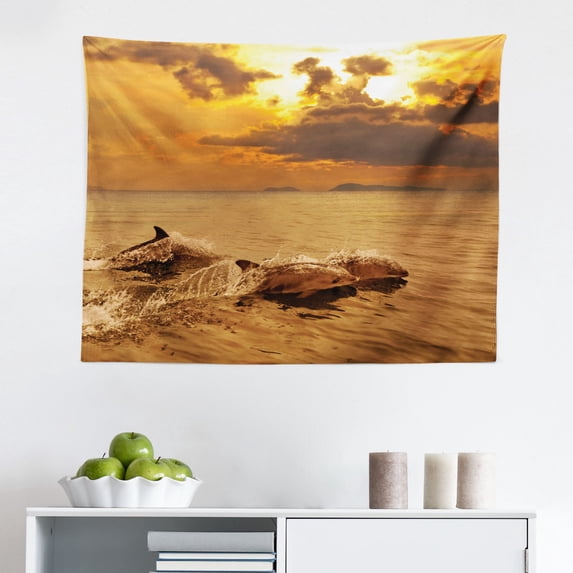 Sea Animals Tapestry, Dolphin Colorful Patterns Underwater Ocean Life Illustration, Fabric Wall Hanging Decor for Bedroom Living Room Dorm, 2 Sizes, Blue Purple Pink, by Ambesonne