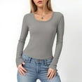 thumbnail image 2 of felwors Womens Long Sleeve Scoop Neck Ribbed Knit Fitted Casual Tops Tee Slim Basic Shirts Light Gray, L, 2 of 6
