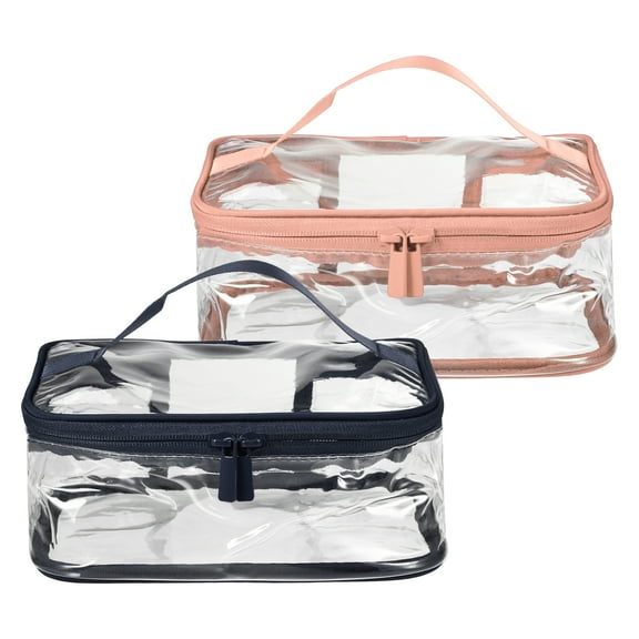 Unique Bargains 2pcs Clear Makeup Bags Waterproof Cosmetic Bags for Travel Zipper Makeup Pouch Pink, Navy Blue