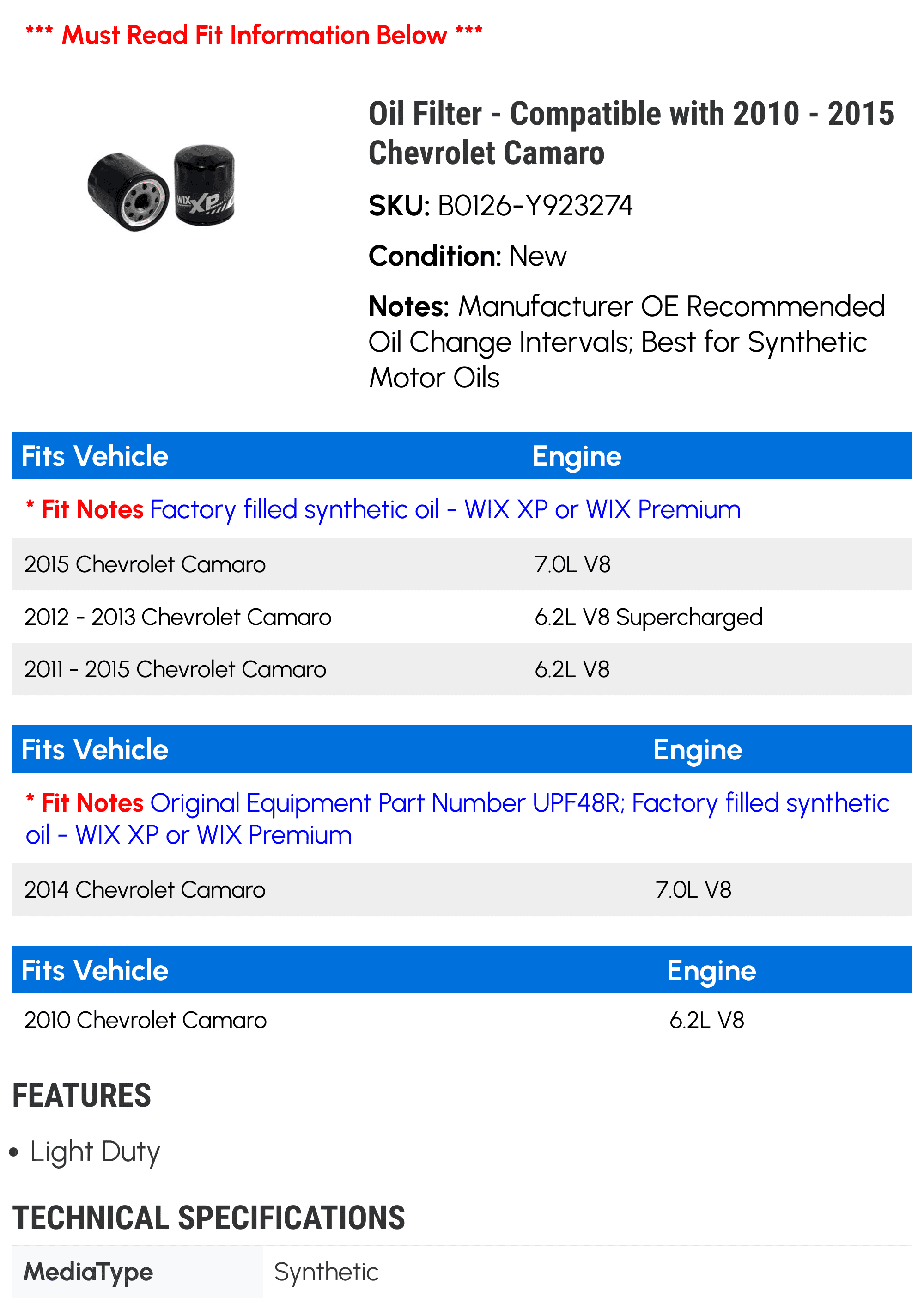 Oil Filter - Compatible with 2010 - 2015 Chevy Camaro 2011 2012 2013 2014