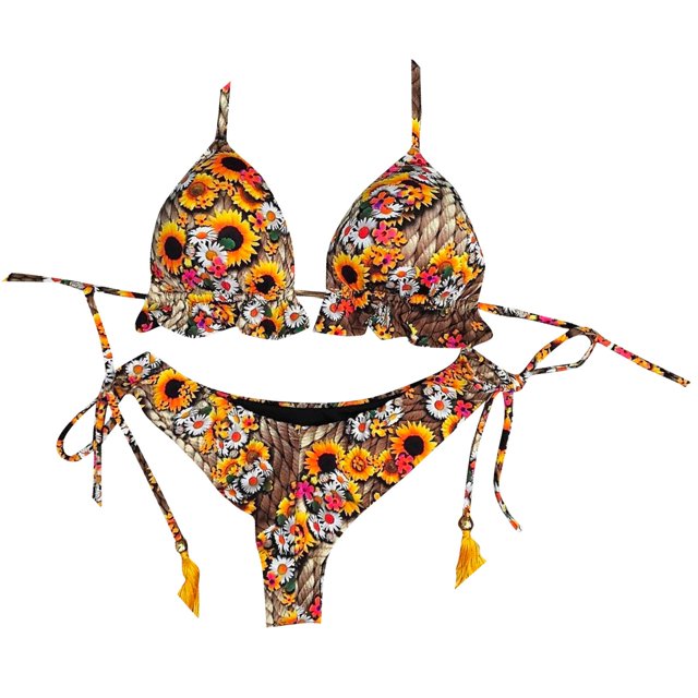 Wyzesi Maillot de Bain Bas Compression pour Femmes Bikini Deux Pièces Imprimé Haut et Bas Triangle Séduisant Jaune S