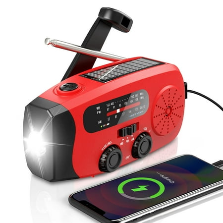 Solar Hand Crank Emergency Radio TIFOR Portable Weather Radio with AM/FM/WB 3 LED Flashlight Power Bank USB Charger SOS Alarm Water-resistant Outdoor Household Emergency Device Red
