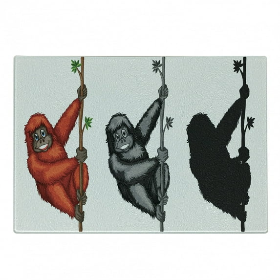 Gorilla Cutting Board, Orangutan Characters Hanging on Tree Branches Print, Decorative Tempered Glass Cutting and Serving Board, in 3 Sizes, by Ambesonne