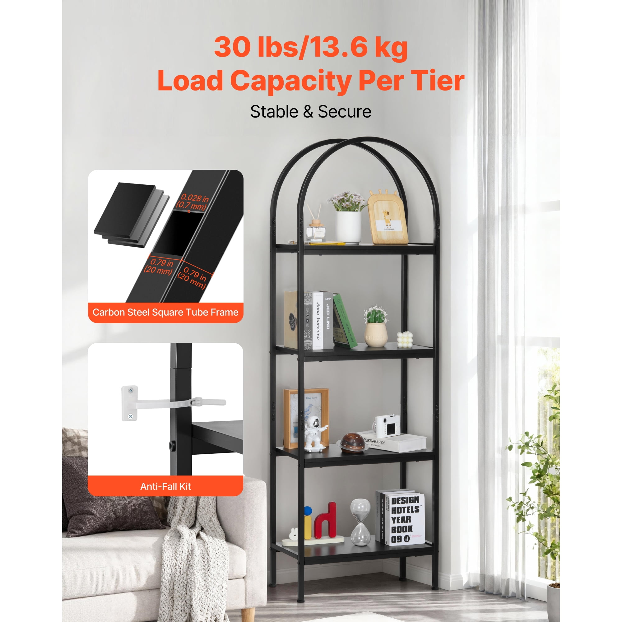 KFFKFF 4-Tier Open Bookshelf with Arched Design, Metal Frame Storage Shelves, Freestanding Industrial Display Rack for Office, Bedroom, or Living Room, Black
