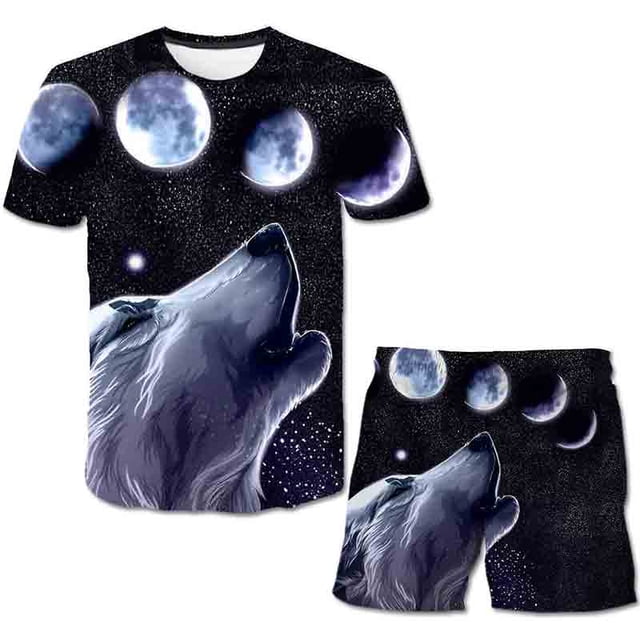 Verano niños Lobo camisetas pantalones cortos trajes niños niñas dibujos animados mangas cortas Tops + cintura elástica pantalones 2 uds ropa Outfits14T Gao Jinjia LED