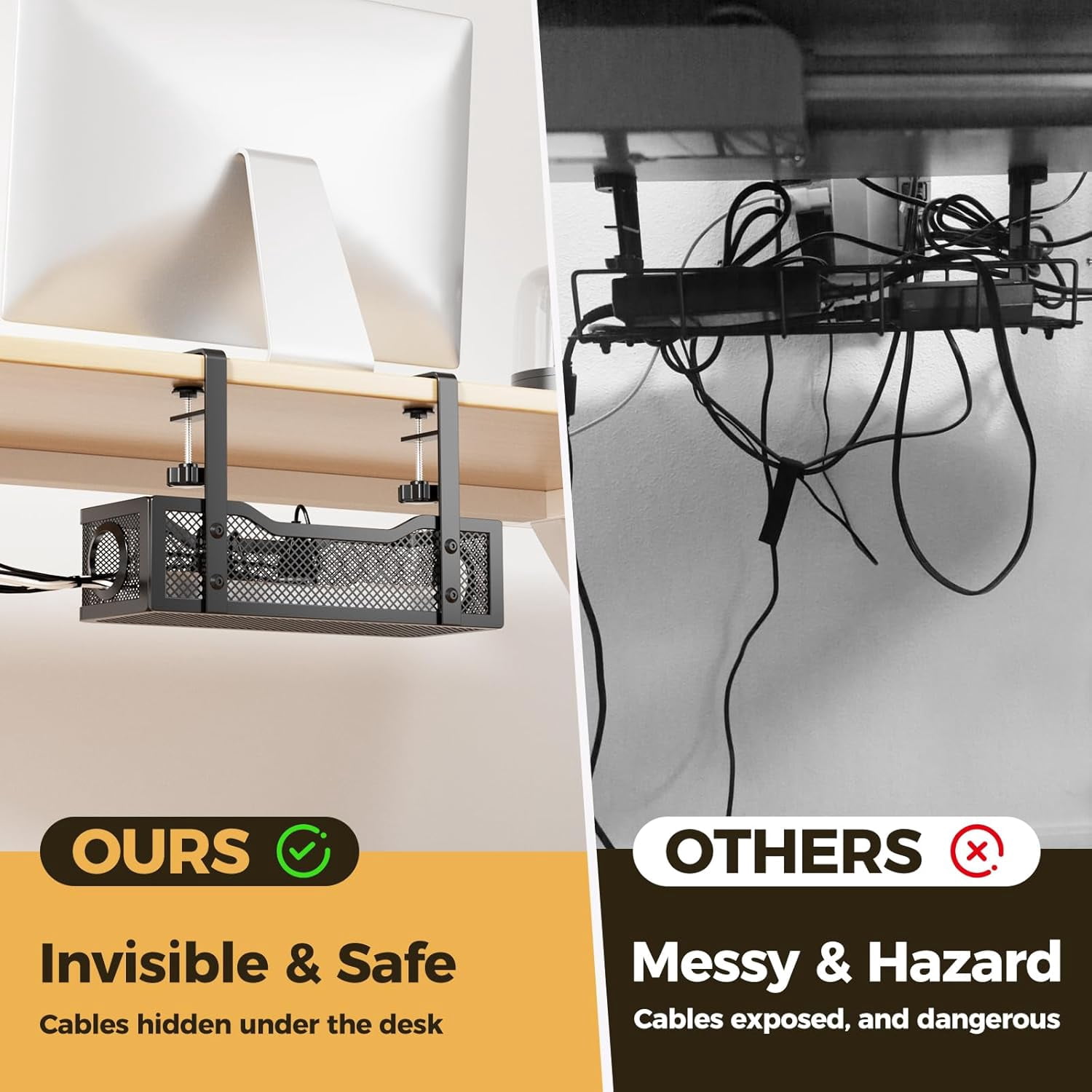 Under Desk Cable Management Tray Black,  Wire Organizers No Drill, Cable Tray with Clamp for Wire Management, Cord Organization Box for Office, Home - No Damage to Desk