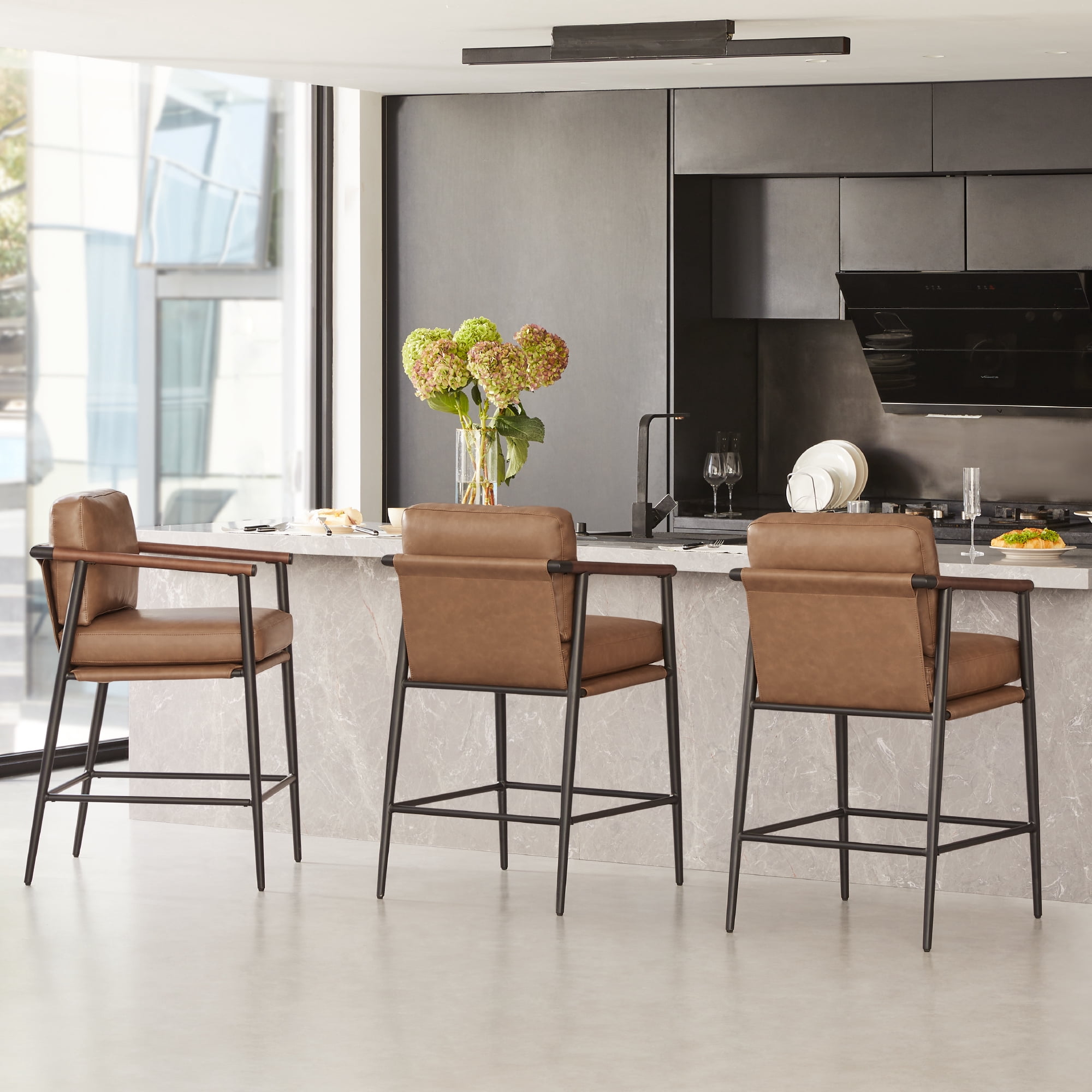 CHITA Modern Counter Stools Set of 2, Upholstered Bar Stools with Metal Frame and Wooden Armrests, Faux Leather in Saddle Brown