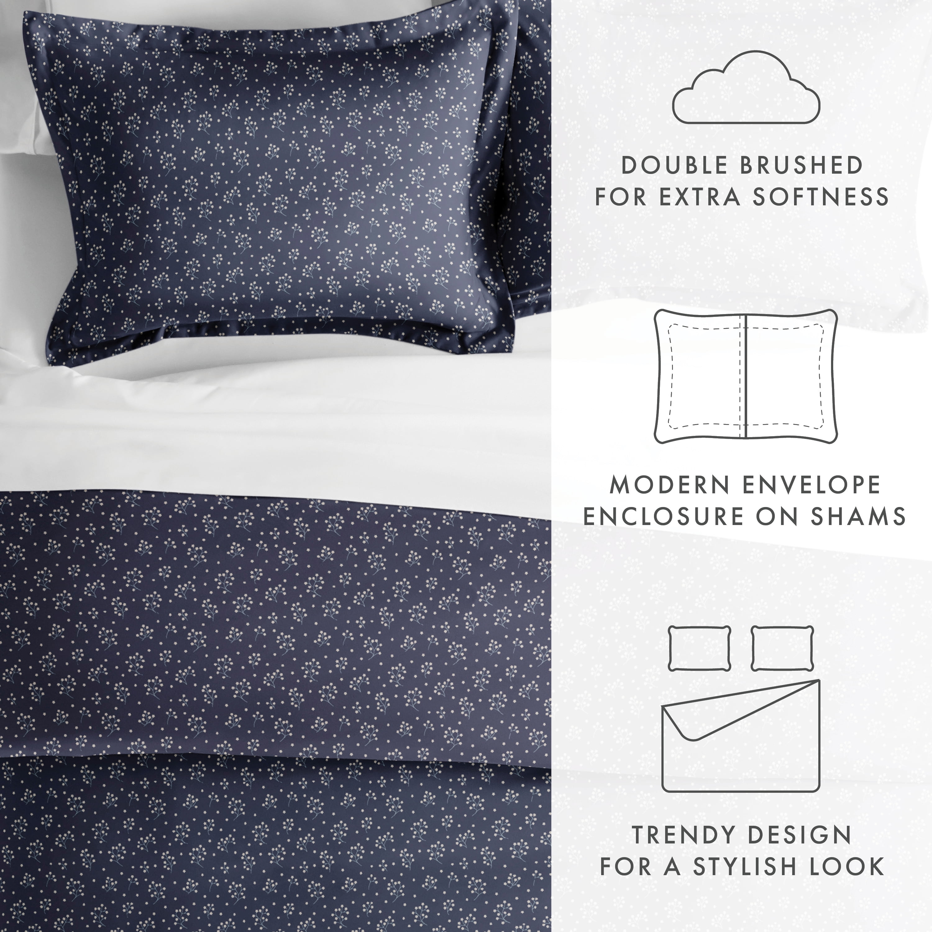 Noble Linens Navy Midnight Blossoms Pattern 2-Piece Duvet Cover Set, Twin/TwinXL