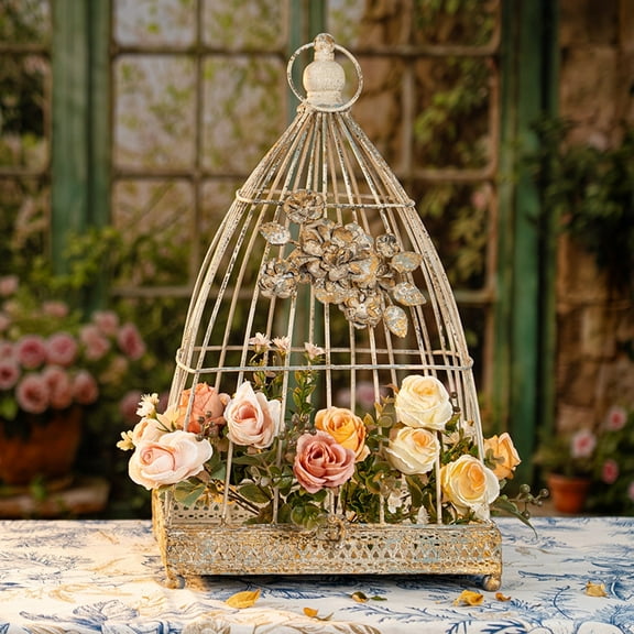 Vintage Decorative Birdcage with Flower Accents and Top Ring, Plant Display Birdcage, Elegant Home Decor for Any Room, 1pc