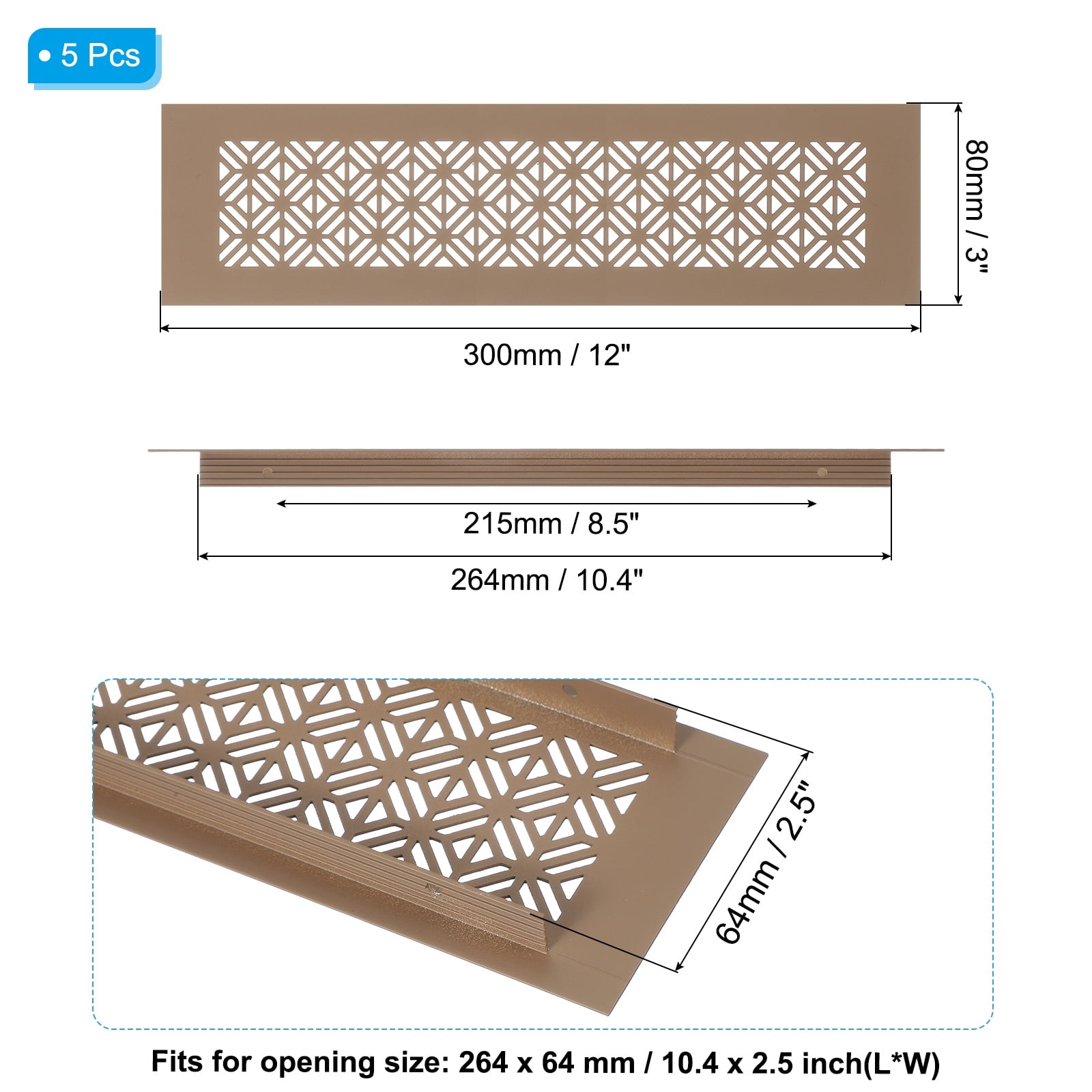 Uxcell 5 Set 12 x 3 Inch Door Air Vent Cover, Heavy Duty Aluminum Grille Ventilation Cover Louvered with Mounting Screws for Cabinet Wardrobe Door, Brown