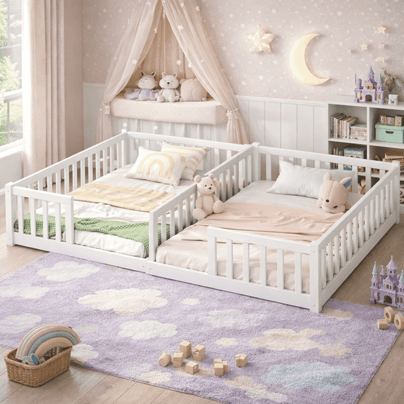HICOMILA Montessori Double Twin Size Floor Bed with Fence, Wooden Platform Bed with Guardrails for Two Boys Girls, White