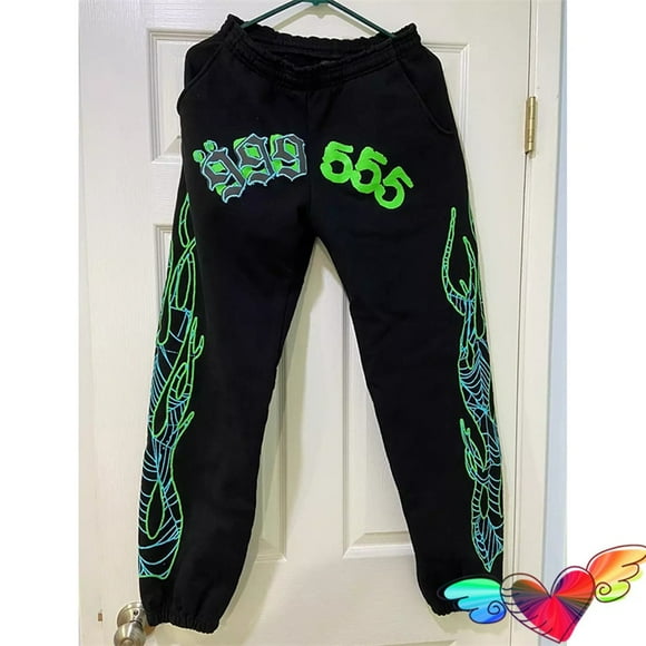 2022 Spider Green 555555 Sweatpants Men Women 1:1 Flame Print Sp5der 555555 Running Pants Internet Graphic Neon Pants
