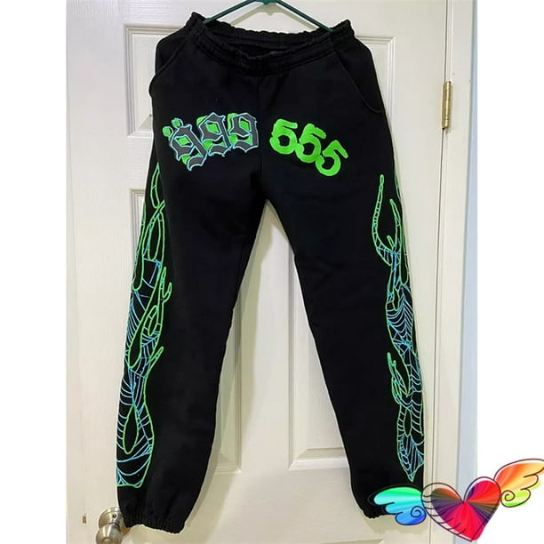 2022 Spider Green 555555 Sweatpants Men Women 1:1 Flame Print Sp5der 555555  Running Pants Internet Graphic Neon Pants 