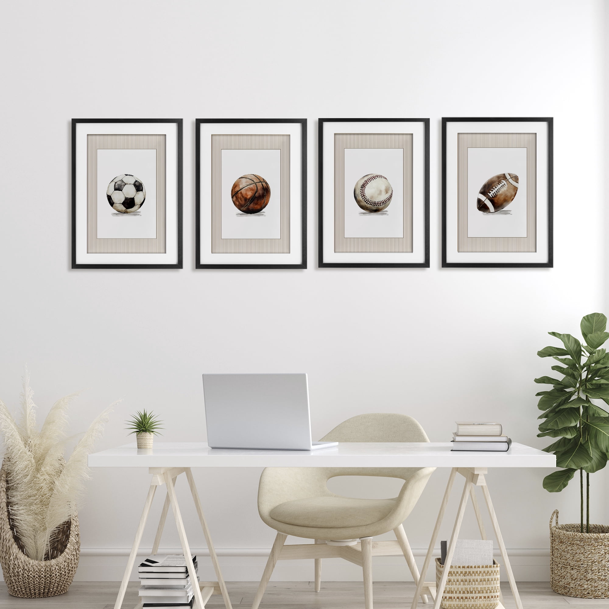 Stupell Industries Vintage Sports Beige Stripes 4 Piece Black Framed Print Under Glass Set, design by Christine Simpson Art