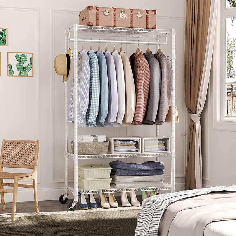 Heavy Duty Rolling Garment Rack 3 Tiers Adjustable Wire Shelving Clothes Rack with Rods and Side Hooks, Storage Closet Clothing Rack with Wheels White 15.7" D x 29.5" W x 74.5" H