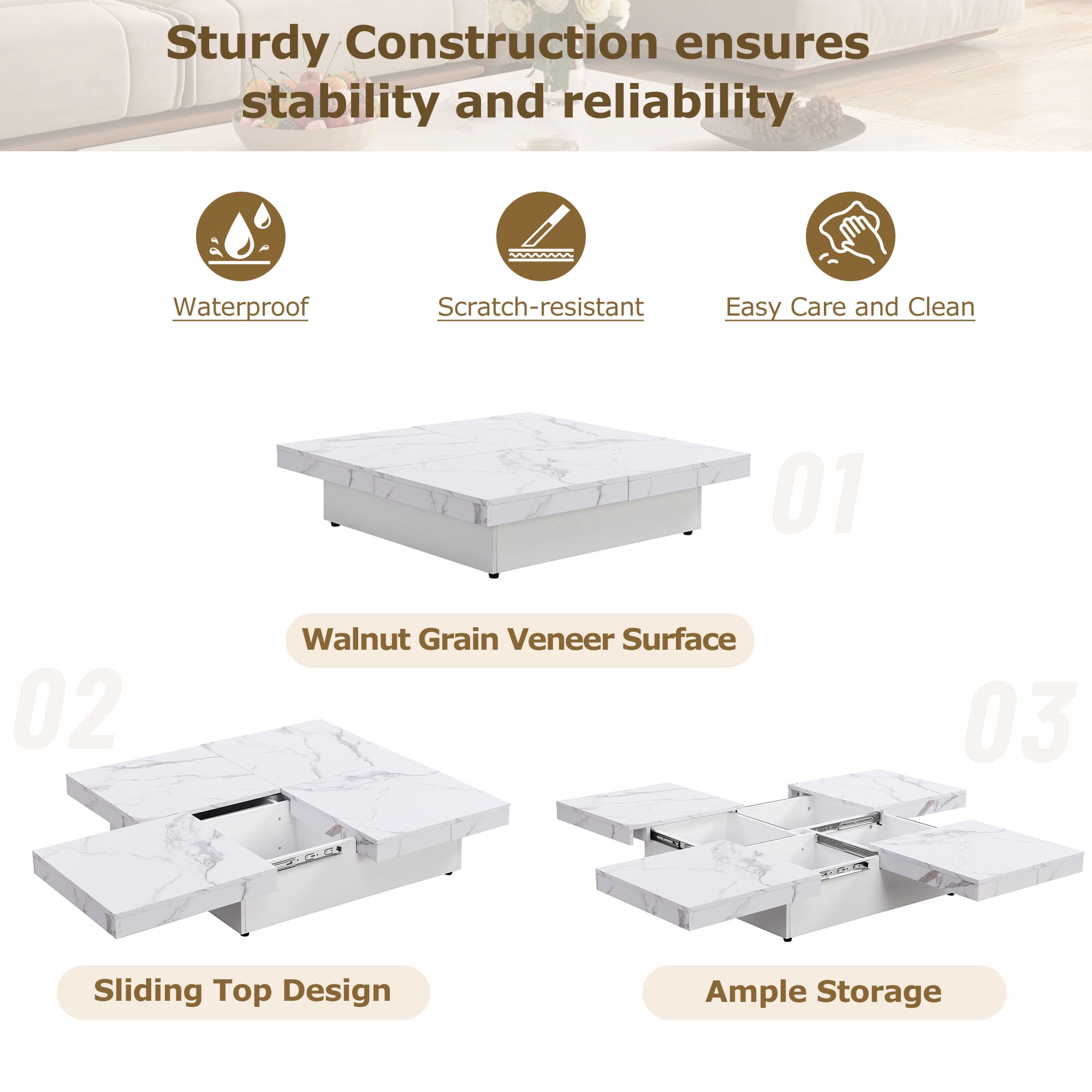 Euroco Modern Coffee Table with Sliding Top, Hidden Storage, Square Design, MDF Construction for Living Room