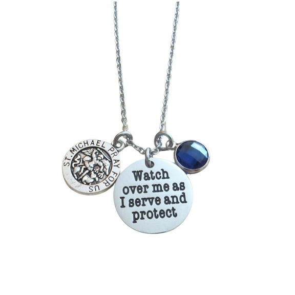 Watch Over Me as I Serve and Protect" Stainless Steel Engraved Pendant with Saint Michael's Charm and Blue Crystal Charm Necklace
