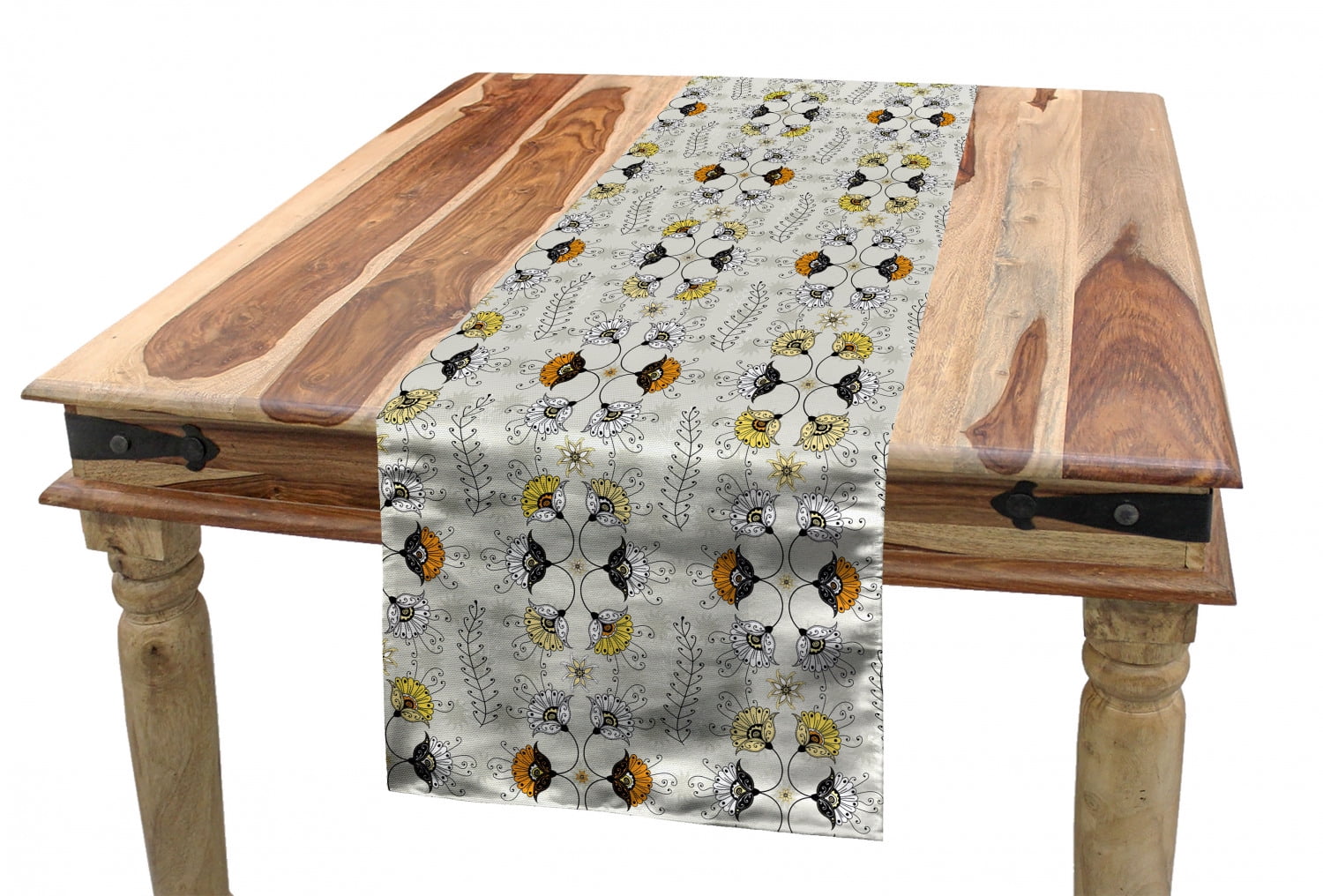 Grey and Yellow Table Runner, Paisley Style Flowers Ivy Swilrs Leaves Image, Dining Room Kitchen