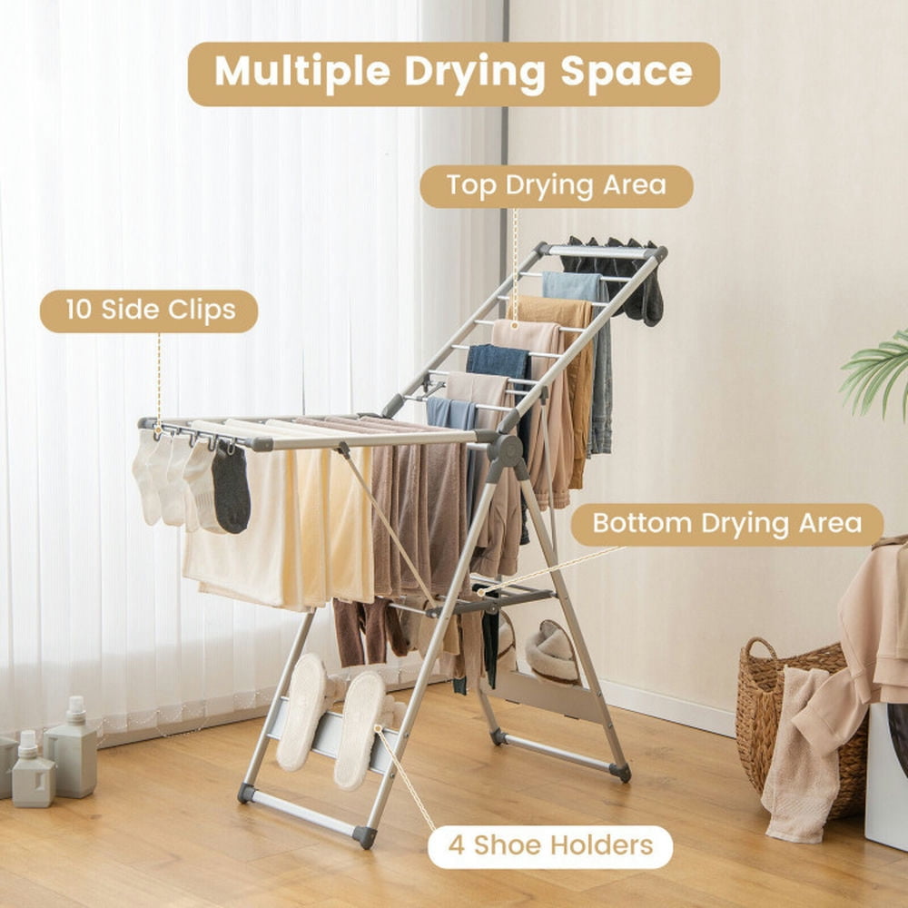 Finihen Drying Rack, Clothes Drying Rack, 2-Layer Folding Clothes Drying Rack with 5-Level Adjustable Height, for Indoor, Outdoor, Silver Finihen Drying Rack, Clothes Drying Rack, 2-Layer Folding Clothes Drying Rack with 5-Level Adjustable Height, for Indoor, Outdoor, Silver