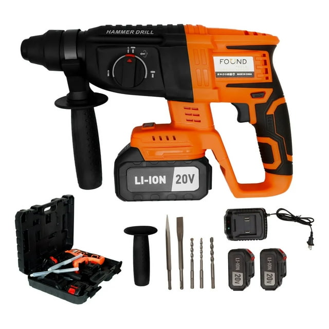 Martillo Demoledor Inalámbrico 20V Found con Motor Sin Escobillas Kit Rotomartillo de Impacto Perforación Concreto Metal Velocidad Variable 2 Baterías Litio Cargador Rápido Diseño Ergonómico