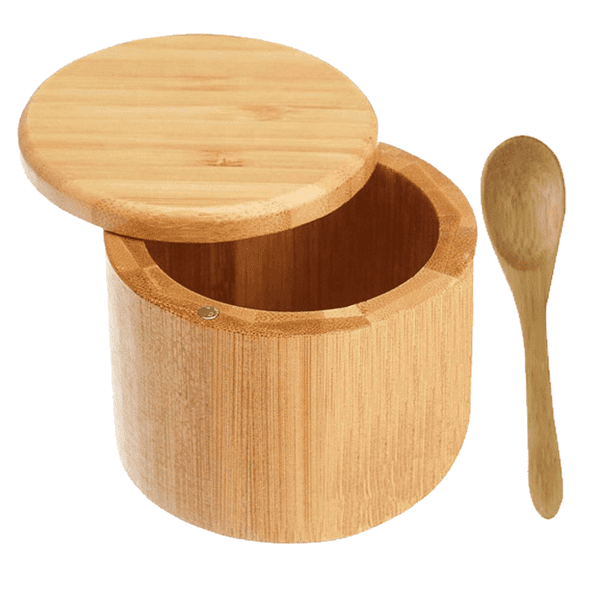 Premium Bamboo Salt Container, Salt Cellar with Swivel Lid Salt Box with Spoon