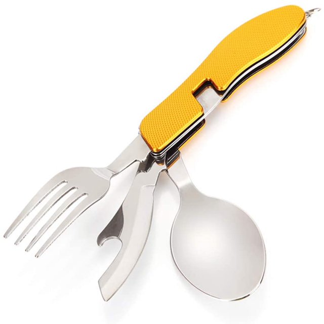 1 Pack Outdoor Camping Multi-purpose Dinning Knife, Stainless Steel Detachable Dinning Spoon, Camping Combination Tableware, Including Camping Fork, Knife, Spoon and Bottle Opener (Yellow)