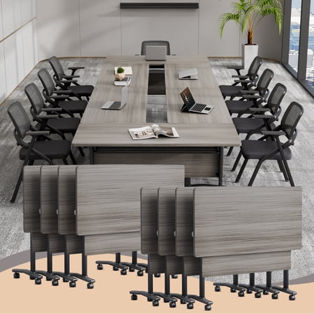 Folding Conference Room Table for 6-12 Person Modular Mobile Training Tables with Locking Wheels Modern Seminar Meeting desk for Office (47.2 Elm 8)