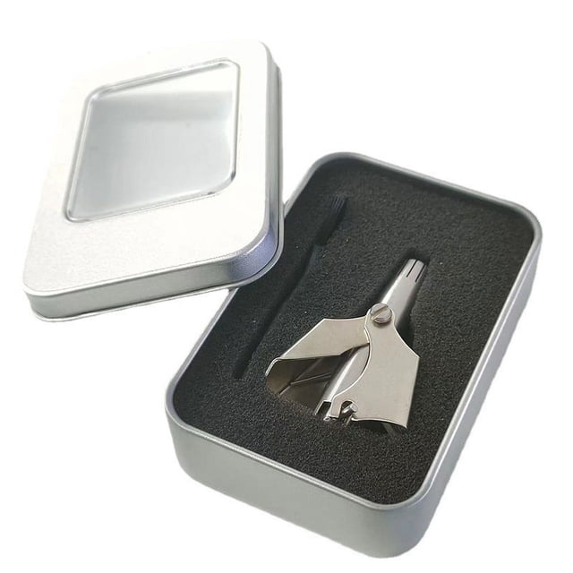 Recortador de vello nasal manual de acero inoxidable con caja de hierro, lavable, mecánico, unisex, tijeras para recortar el vello nasal