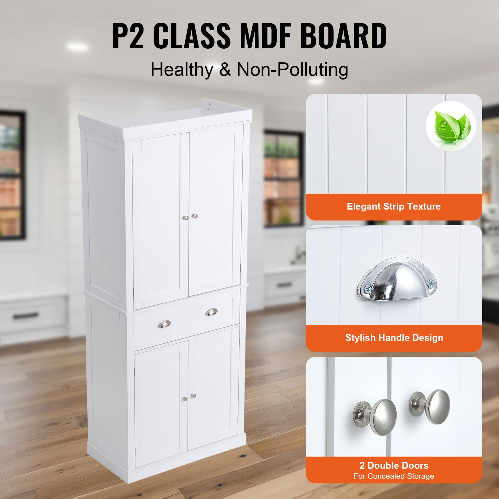 KFFKFF 72" Freestanding Kitchen Pantry Cabinet with Doors, Drawer, and Adjustable Shelves, Tall Storage Solution for Kitchen, Living Room, Dining Room, or Laundry, White