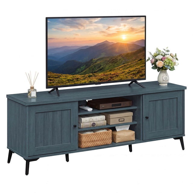 Costway 2-Door TV Stand for TVs up to 65” with 2 Storage Cabinets & 4 Adjustable Shelves Turquoise