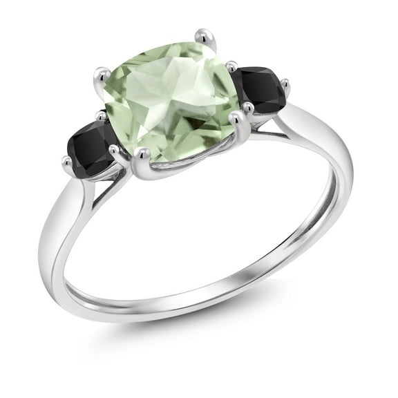 Gem Stone King 10K White Gold Green Prasiolite and Black Onyx 3 Stone Engagement Ring for Women (1.66 Cttw, Cushion 7MM, Gemstone Birthstone, Size 9)