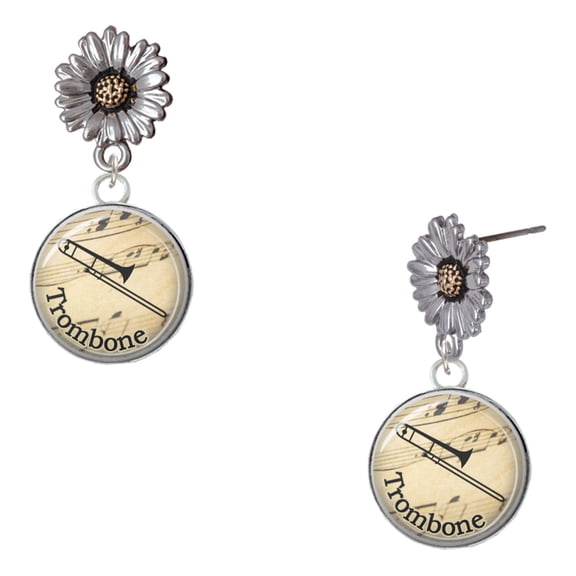 Delight Jewelry Silver-tone Domed Music - Trombone - Two-tone Daisy Flower Post Earrings