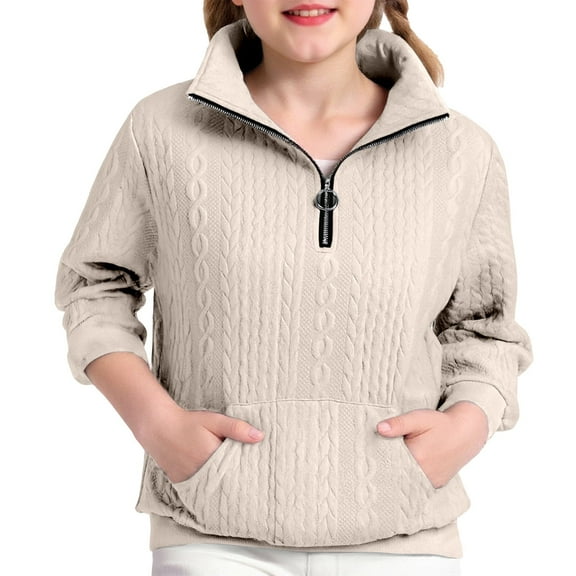 SGMVNU Girls Half Zip Sweatshirt Long Sleeve Pullover Crop Tops Kids Lightweight Sweater Fashion Winter Clothes, Size 11-12 Years, Beige