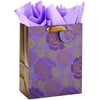 13" Large Gift Bag with Tissue Paper (Purple Flowers, Gold Accents) for Birthdays, Mother's Day, Bridal Showers, Wedding