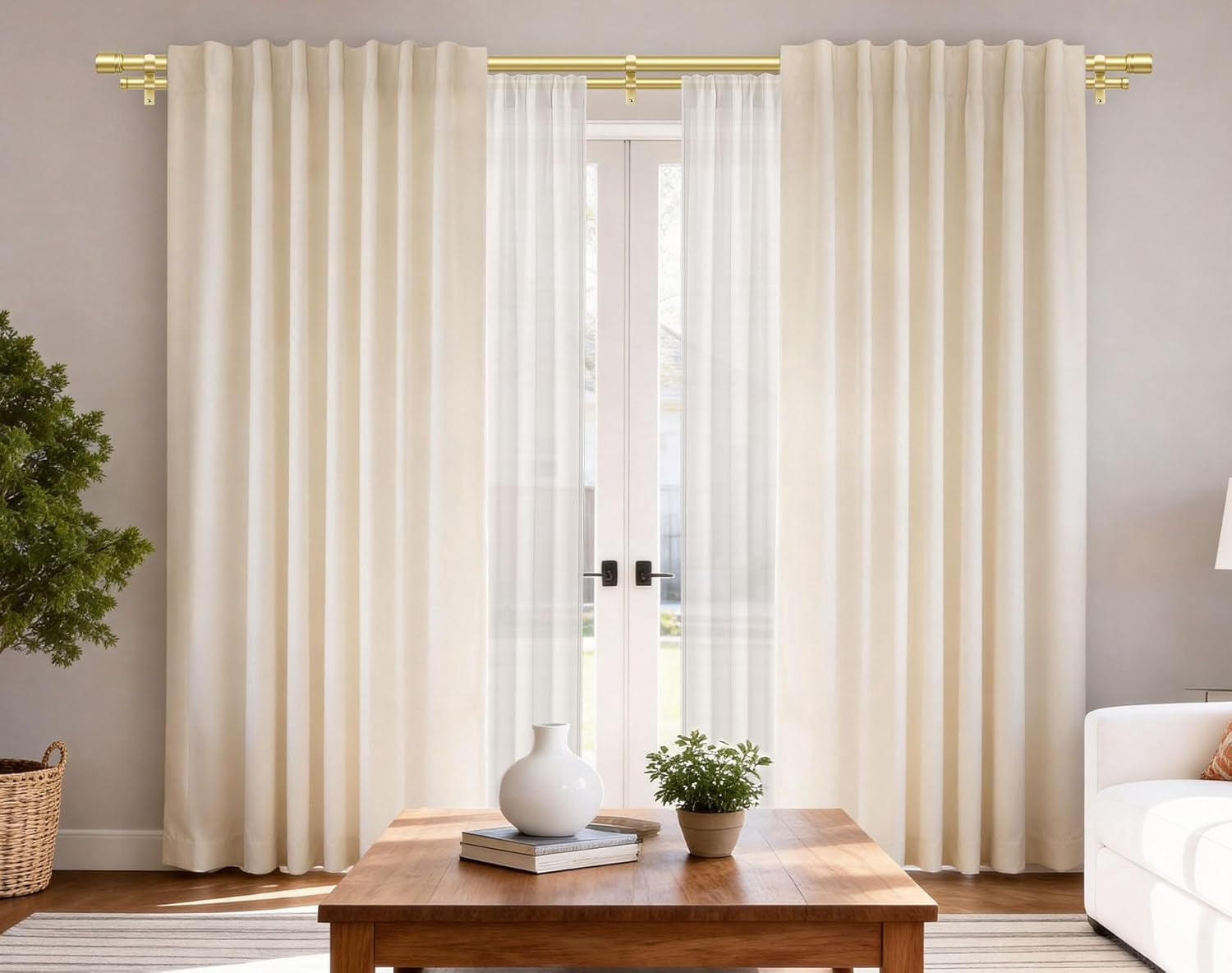 Double Curtain Rod 72 to 144 Inch,  1 Inch Heavy Duty Double Curtain Rods for Windows 60 to 140 Inches(5-11.6 ft), Telescoping Drapery Rod with Simple End Finials, Gold