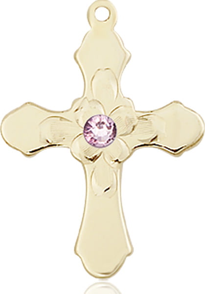14kt Yellow Gold Cross Medal with 3mm Light February Purple Swarovski  Crystal 7/8 x 5/8 inches