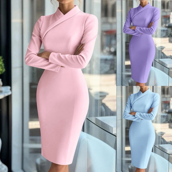 Zedker Business Dress for Women Elegant Long Sleeve V Neck Bodycon Midi Dresses Work Office Solid Fashion Dresses