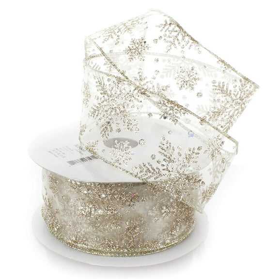 Ribbon Traditions Glitter Snowflakes Sheer Wired Ribbon 2 1/2 Inch By 25 Yards - Ivory / Gold