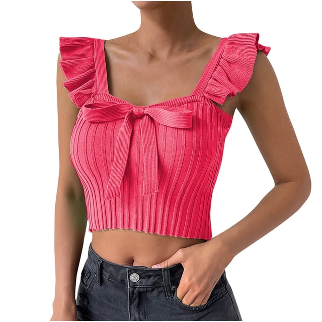 Timegard Womens Cropped Tank Tops Bow Tie Ruffle Knitted Casual Shirts Sleeveless Solid Color Fashion Top