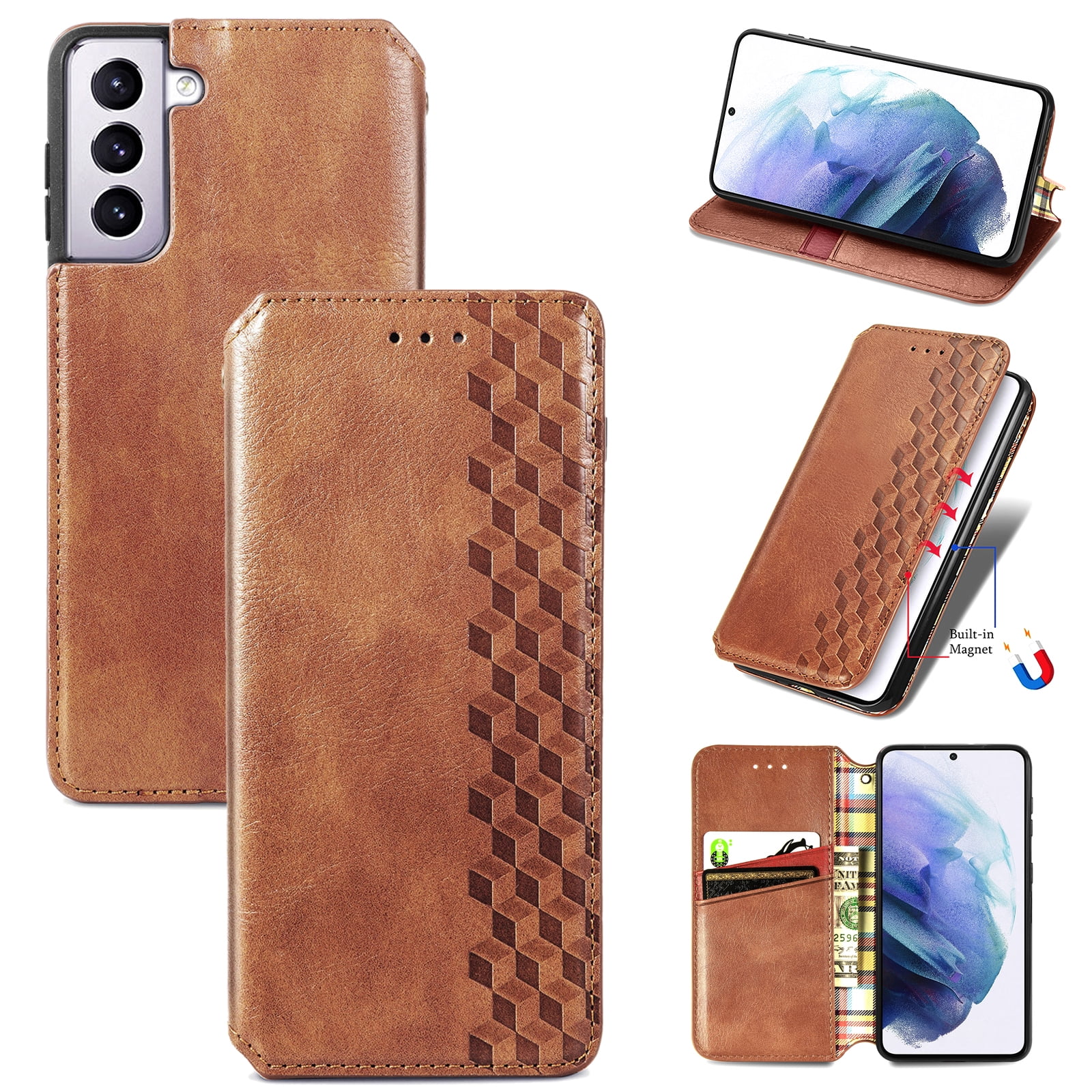 Galaxy S21 Case, PU Leather TPU Wallet Cover with Card Holder Kickstand