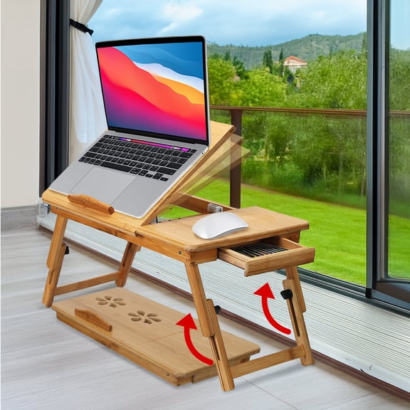 TeqHome Bamboo Folding Lap Desk Height and Angle Adjustable Laptop Desk with Storage Drawer for Reading Writing Eating