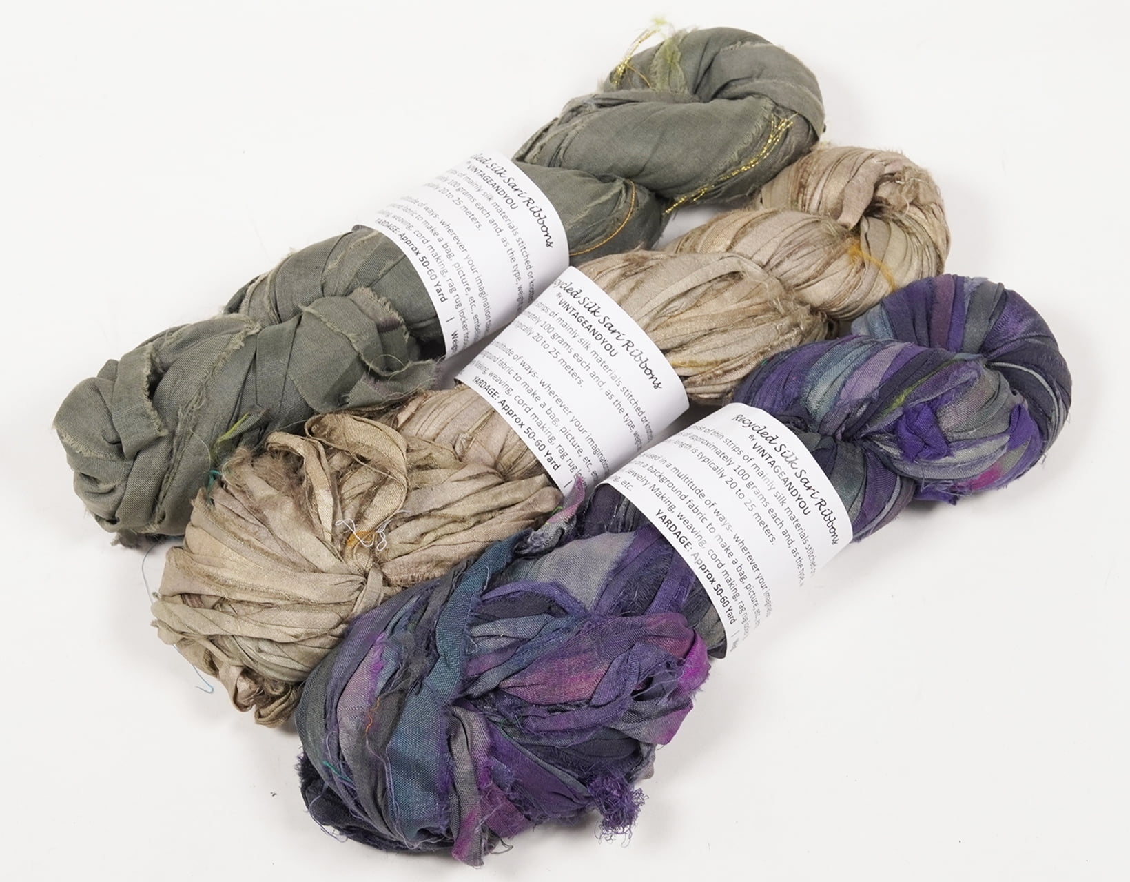 Vintageandyou Recycled Sari Silk Ribbon Yarn - 300g Pack of 3 | Handcut Upcycled Silk Strips for Crochet, Weaving, Macram, Knitting, Rug Making, Fiber Arts | Gray