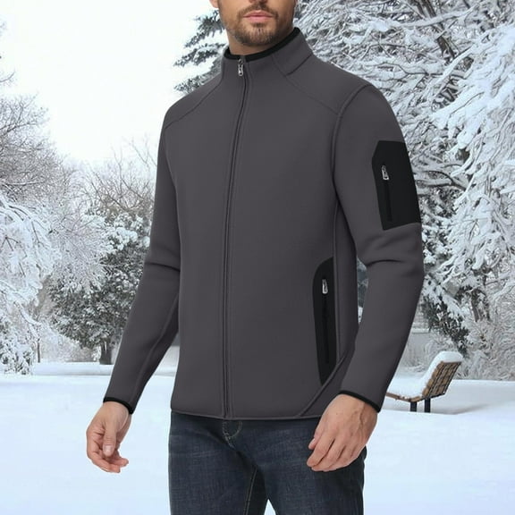 gbyLJF Men's Zip Up Jackets Solid Color Stand Collar Long Sleeve Fleece Cardigan Casual Sweatshirt Jacket with Zipper Pockets